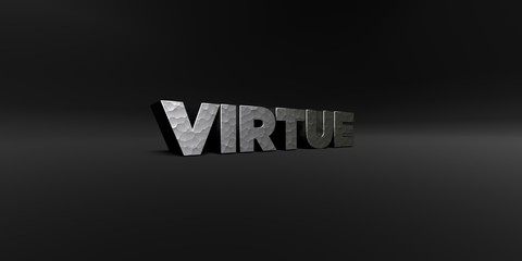VIRTUE - hammered metal finish text on black studio - 3D rendered royalty free stock photo. This image can be used for an online website banner ad or a print postcard.