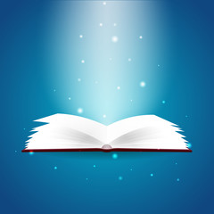 Book poster. Open book with mystic bright light on blue background. Vector illustration.