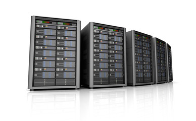Row of network servers in data center isolated on white background . 3D illustration