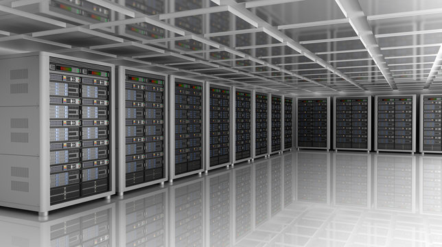 Modern interior of server room in datacenter, 3D illustration