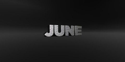 JUNE - hammered metal finish text on black studio - 3D rendered royalty free stock photo. This image can be used for an online website banner ad or a print postcard.