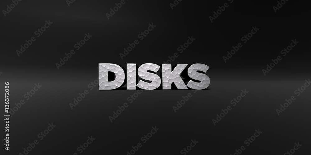 Fototapete DISKS - hammered metal finish text on black studio - 3D rendered royalty free stock photo. This image can be used for an online website banner ad or a print postcard.