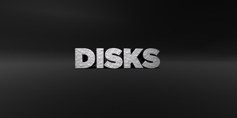 DISKS - hammered metal finish text on black studio - 3D rendered royalty free stock photo. This image can be used for an online website banner ad or a print postcard.
