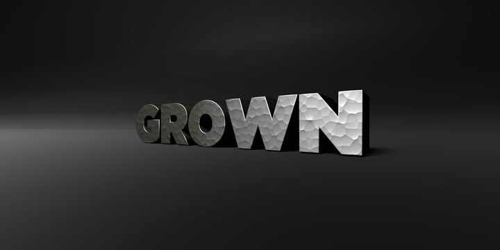 GROWN - hammered metal finish text on black studio - 3D rendered royalty free stock photo. This image can be used for an online website banner ad or a print postcard.