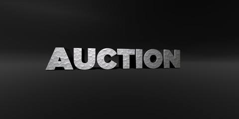 AUCTION - hammered metal finish text on black studio - 3D rendered royalty free stock photo. This image can be used for an online website banner ad or a print postcard.