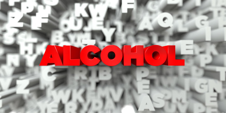 ALCOHOL -  Red text on typography background - 3D rendered royalty free stock image. This image can be used for an online website banner ad or a print postcard.
