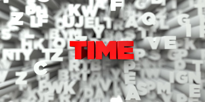 TIME -  Red text on typography background - 3D rendered royalty free stock image. This image can be used for an online website banner ad or a print postcard.