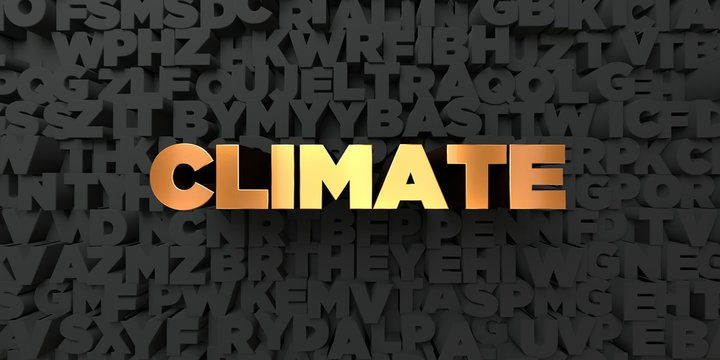 Climate - Gold text on black background - 3D rendered royalty free stock picture. This image can be used for an online website banner ad or a print postcard.