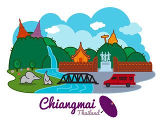 Naklejka premium Chiangmai city of thailand - cartoon landmark traval location vector design