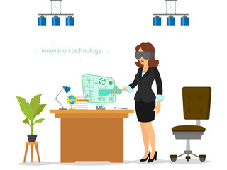 woman communicates, works and enter into business transactions in a virtual reality.