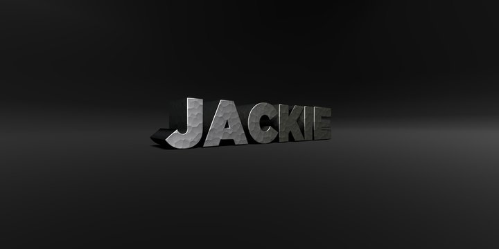 JACKIE - hammered metal finish text on black studio - 3D rendered royalty free stock photo. This image can be used for an online website banner ad or a print postcard.