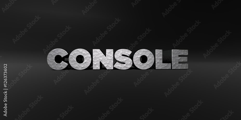 Fototapete console - hammered metal finish text on black studio - 3d rendered royalty free stock photo. this im