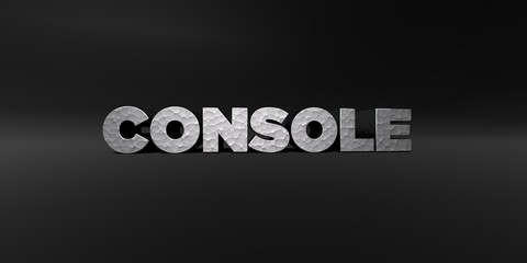 CONSOLE - hammered metal finish text on black studio - 3D rendered royalty free stock photo. This image can be used for an online website banner ad or a print postcard.