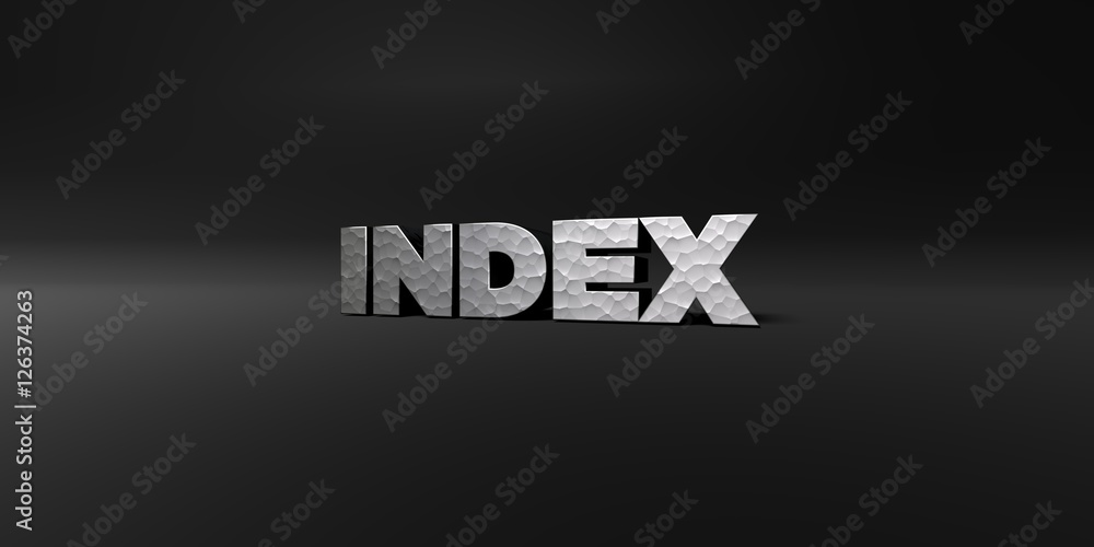 Fototapete index - hammered metal finish text on black studio - 3d rendered royalty free stock photo. this imag