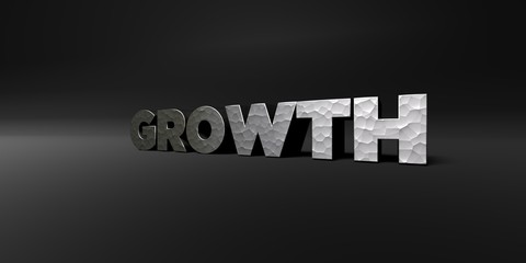 GROWTH - hammered metal finish text on black studio - 3D rendered royalty free stock photo. This image can be used for an online website banner ad or a print postcard.