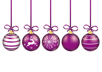 5 lilafarbene Weihnachtskugeln mit Bändern