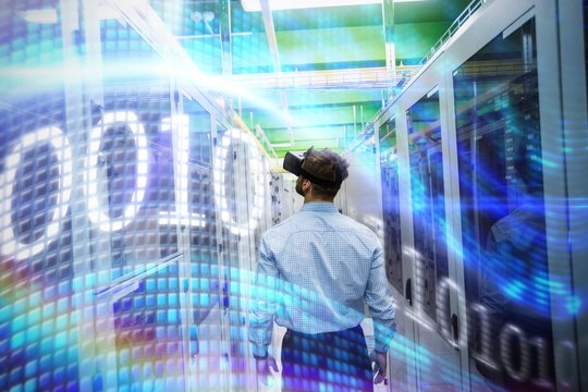 Composite image of binary code on digital screen