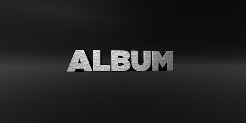 ALBUM - hammered metal finish text on black studio - 3D rendered royalty free stock photo. This image can be used for an online website banner ad or a print postcard.