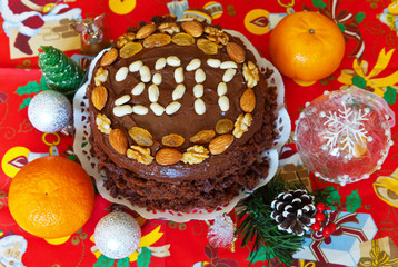 Homemade Christmas cake. On chocolate lined 2017