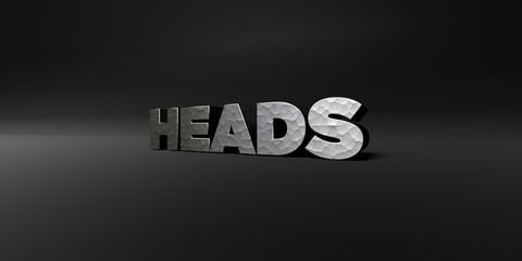 HEADS - hammered metal finish text on black studio - 3D rendered royalty free stock photo. This image can be used for an online website banner ad or a print postcard.