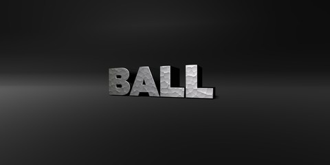 BALL - hammered metal finish text on black studio - 3D rendered royalty free stock photo. This image can be used for an online website banner ad or a print postcard.