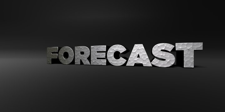 FORECAST - hammered metal finish text on black studio - 3D rendered royalty free stock photo. This image can be used for an online website banner ad or a print postcard.