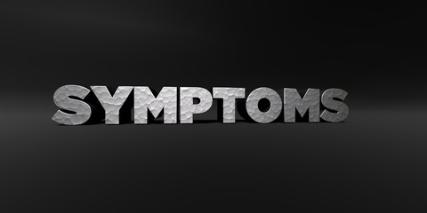 SYMPTOMS - hammered metal finish text on black studio - 3D rendered royalty free stock photo. This image can be used for an online website banner ad or a print postcard.