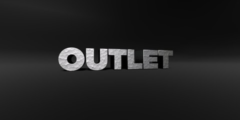 OUTLET - hammered metal finish text on black studio - 3D rendered royalty free stock photo. This image can be used for an online website banner ad or a print postcard.