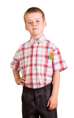 Cute schoolboy with pencils isolated on white background.