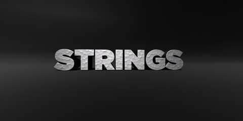 STRINGS - hammered metal finish text on black studio - 3D rendered royalty free stock photo. This image can be used for an online website banner ad or a print postcard.