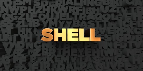 Shell - Gold text on black background - 3D rendered royalty free stock picture. This image can be used for an online website banner ad or a print postcard.