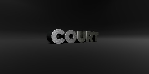 COURT - hammered metal finish text on black studio - 3D rendered royalty free stock photo. This image can be used for an online website banner ad or a print postcard.