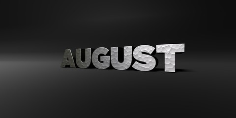 AUGUST - hammered metal finish text on black studio - 3D rendered royalty free stock photo. This image can be used for an online website banner ad or a print postcard.