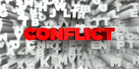 CONFLICT -  Red text on typography background - 3D rendered royalty free stock image. This image can be used for an online website banner ad or a print postcard.