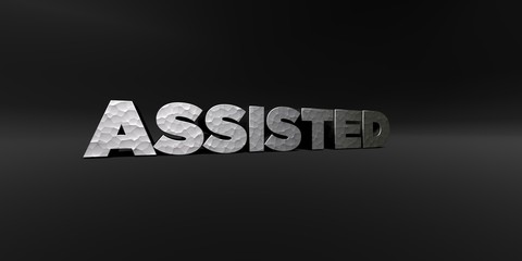 ASSISTED - hammered metal finish text on black studio - 3D rendered royalty free stock photo. This image can be used for an online website banner ad or a print postcard.