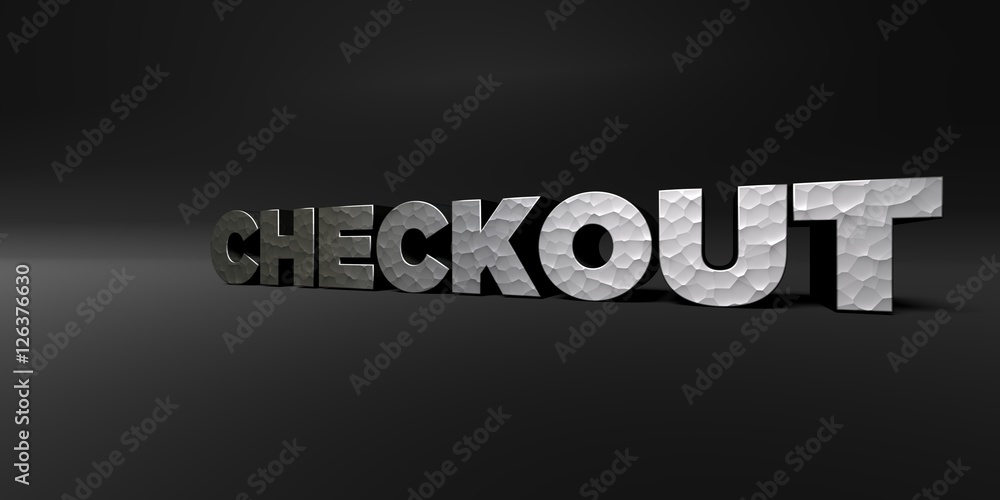 Fototapete checkout - hammered metal finish text on black studio - 3d rendered royalty free stock photo. this i