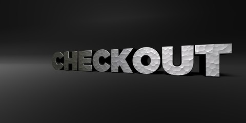 CHECKOUT - hammered metal finish text on black studio - 3D rendered royalty free stock photo. This image can be used for an online website banner ad or a print postcard.