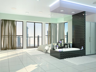 bedroom with en-suite in a modern style. 3d illustration
