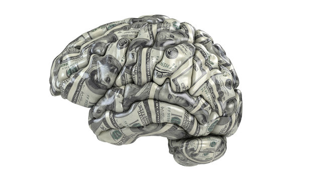 Human brain whith dollars texture isolated on white. Concept 3d