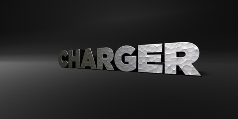 CHARGER - hammered metal finish text on black studio - 3D rendered royalty free stock photo. This image can be used for an online website banner ad or a print postcard.