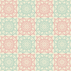 Abstract seamless background mosaic pattern with blue and pink tile pieces on the light yellow background. Vector illustration eps