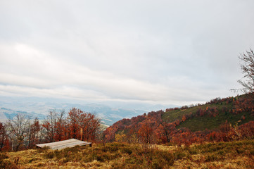 Fototapeta premium Wood ground on autumn red forest and mountains