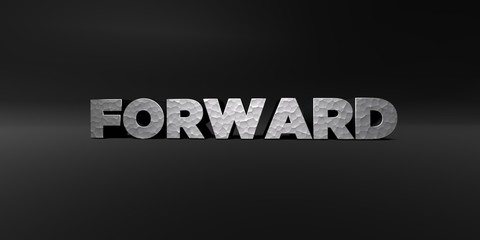 FORWARD - hammered metal finish text on black studio - 3D rendered royalty free stock photo. This image can be used for an online website banner ad or a print postcard.
