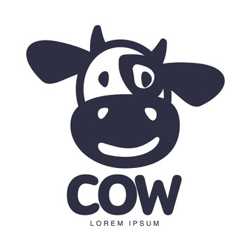 Funny cow head logo template, cartoon vector illustration on white background. Cute, smiling, funny front view cow head for dairy, beef, farm products logo design
