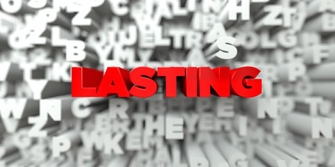 LASTING -  Red text on typography background - 3D rendered royalty free stock image. This image can be used for an online website banner ad or a print postcard.