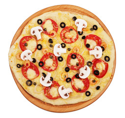 Wooden board with pizza isolated on white.