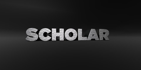 SCHOLAR - hammered metal finish text on black studio - 3D rendered royalty free stock photo. This image can be used for an online website banner ad or a print postcard.