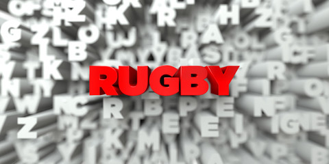 RUGBY -  Red text on typography background - 3D rendered royalty free stock image. This image can be used for an online website banner ad or a print postcard.