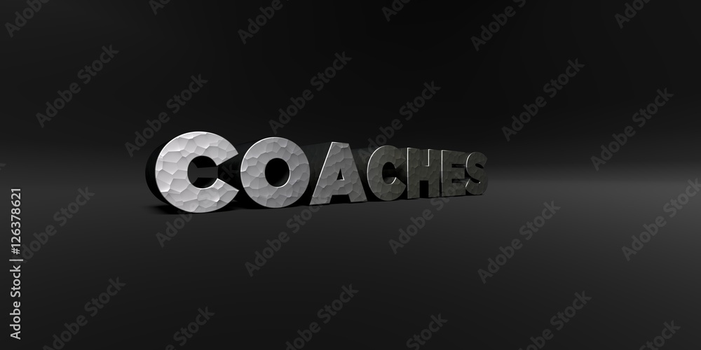 Fototapete coaches - hammered metal finish text on black studio - 3d rendered royalty free stock photo. this im