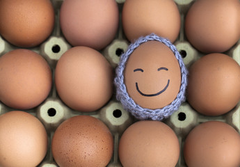 Smiling egg wearing a knitted hat souronded by blank brown eggs.